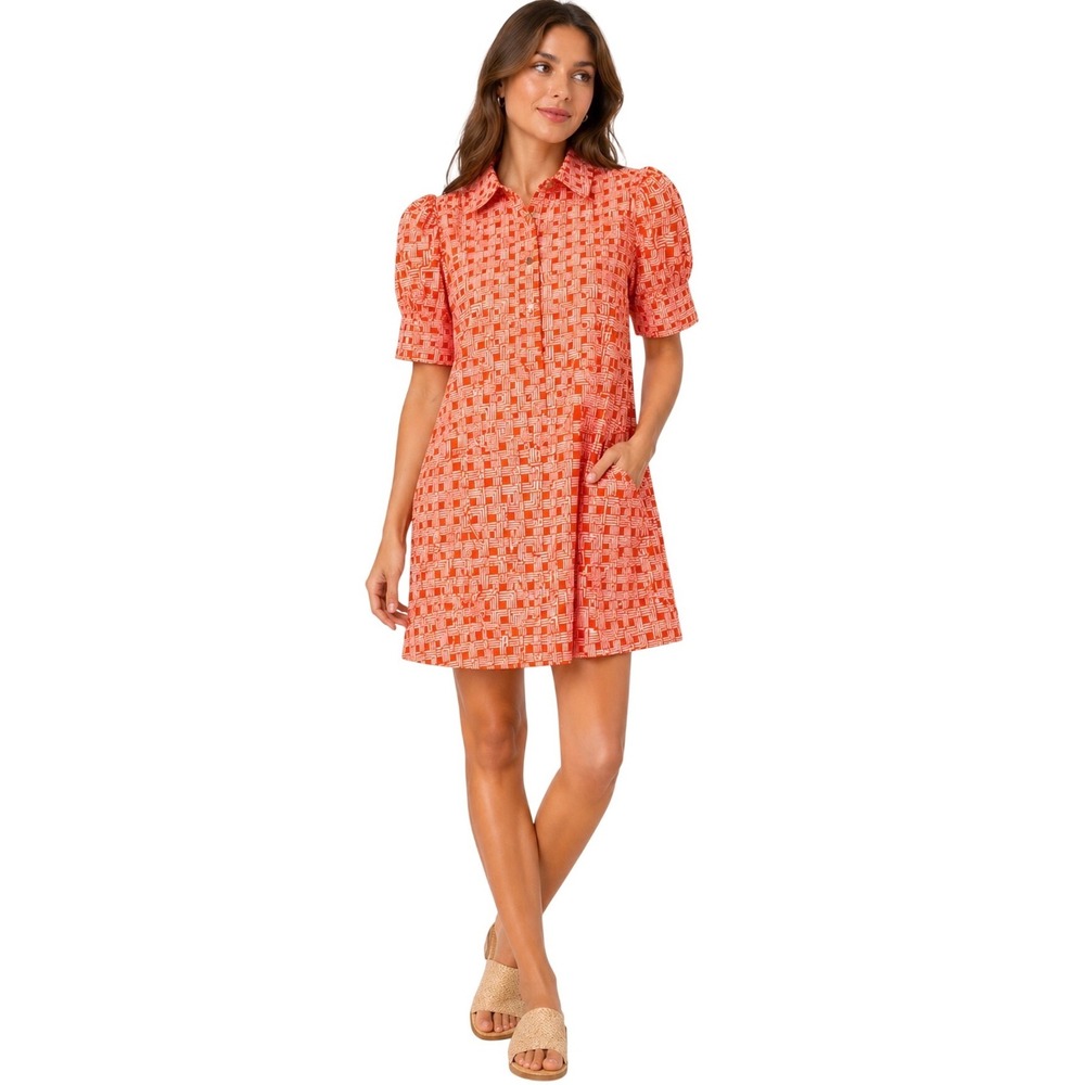 NWT Never A Wallflower Orange Geometric Shirt Dress Small Puff Sleeve Mini